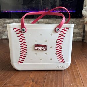 Large Baseball Mom Bogg Bag White Tote with Red Handles